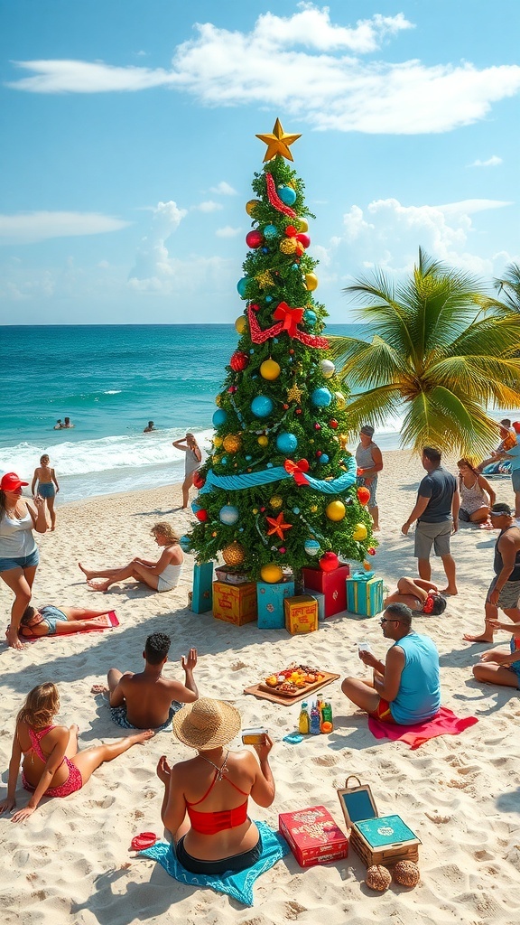Beach Christmas celebration with a decorated tree, people enjoying games and food under the sun.